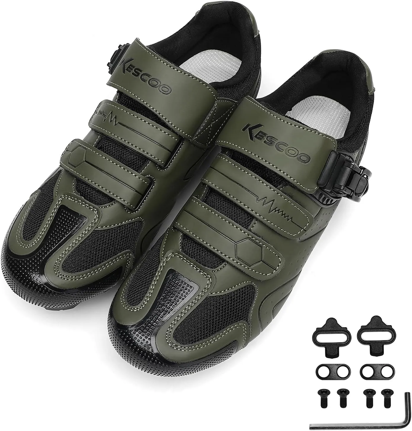 KESCOO Mens Mountain Bike Shoes with 2-Bolts SPD Cleats Included, Cycling Shoes with Quick Ratchet Buckle Indoor Outdoor Riding Biking
