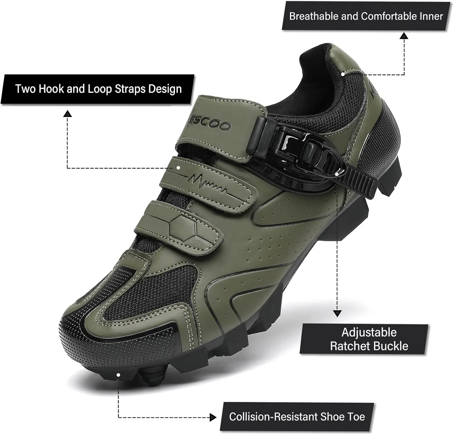 KESCOO Mens Mountain Bike Shoes with 2-Bolts SPD Cleats Included, Cycling Shoes with Quick Ratchet Buckle Indoor Outdoor Riding Biking