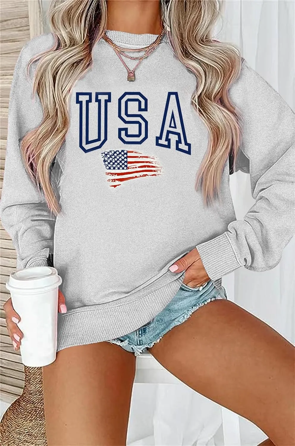 Lacozy Womens USA Sweatshirt Crew Neck Long Sleeve Shirts Casual American Flag Sweater Ladies Loose Pullover Tops