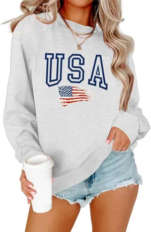 Lacozy Womens USA Sweatshirt Crew Neck Long Sleeve Shirts Casual American Flag Sweater Ladies Loose Pullover Tops