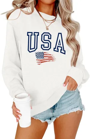 Lacozy Womens USA Sweatshirt Crew Neck Long Sleeve Shirts Casual American Flag Sweater Ladies Loose Pullover Tops
