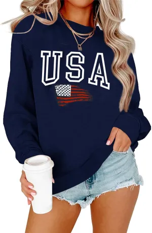 Lacozy Womens USA Sweatshirt Crew Neck Long Sleeve Shirts Casual American Flag Sweater Ladies Loose Pullover Tops
