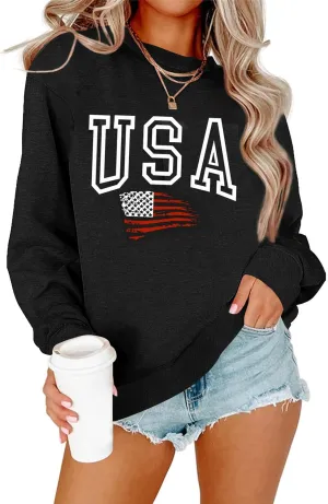 Lacozy Womens USA Sweatshirt Crew Neck Long Sleeve Shirts Casual American Flag Sweater Ladies Loose Pullover Tops