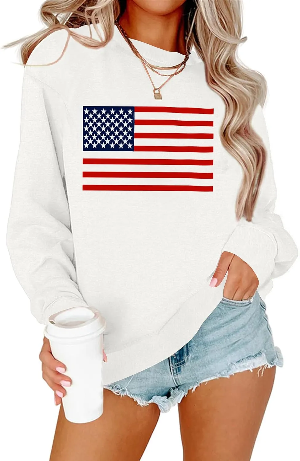Lacozy Womens USA Sweatshirt Crew Neck Long Sleeve Shirts Casual American Flag Sweater Ladies Loose Pullover Tops