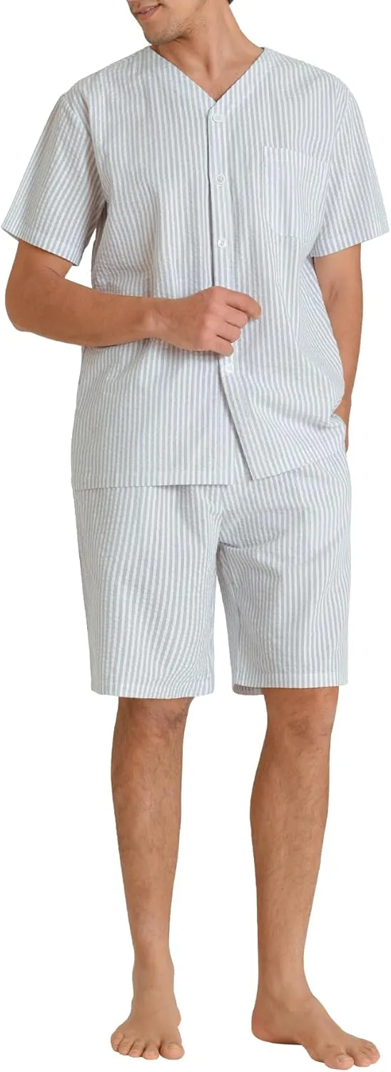 Latuza Men's Lightweight Cotton Pajamas Set Seersucker Button Down Short PJs Set