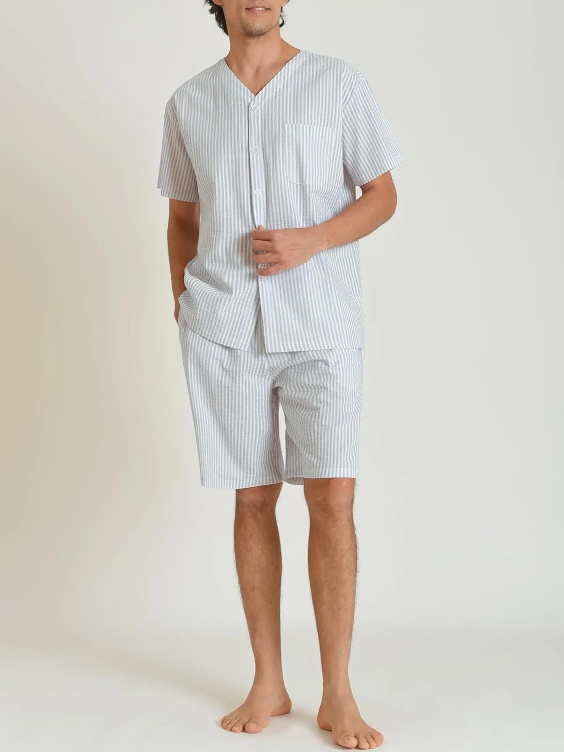 Latuza Men's Lightweight Cotton Pajamas Set Seersucker Button Down Short PJs Set