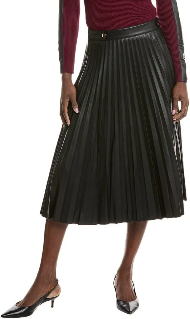 Leather-Like Pleated Midi Skirt