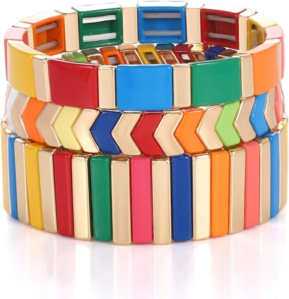 LENOOCLE Rainbow Enamel Tile Bracelet Colorful Enameled Beaded Stretch Bracelet Stackable Color-Block Strand Bracelet Set for Women Men