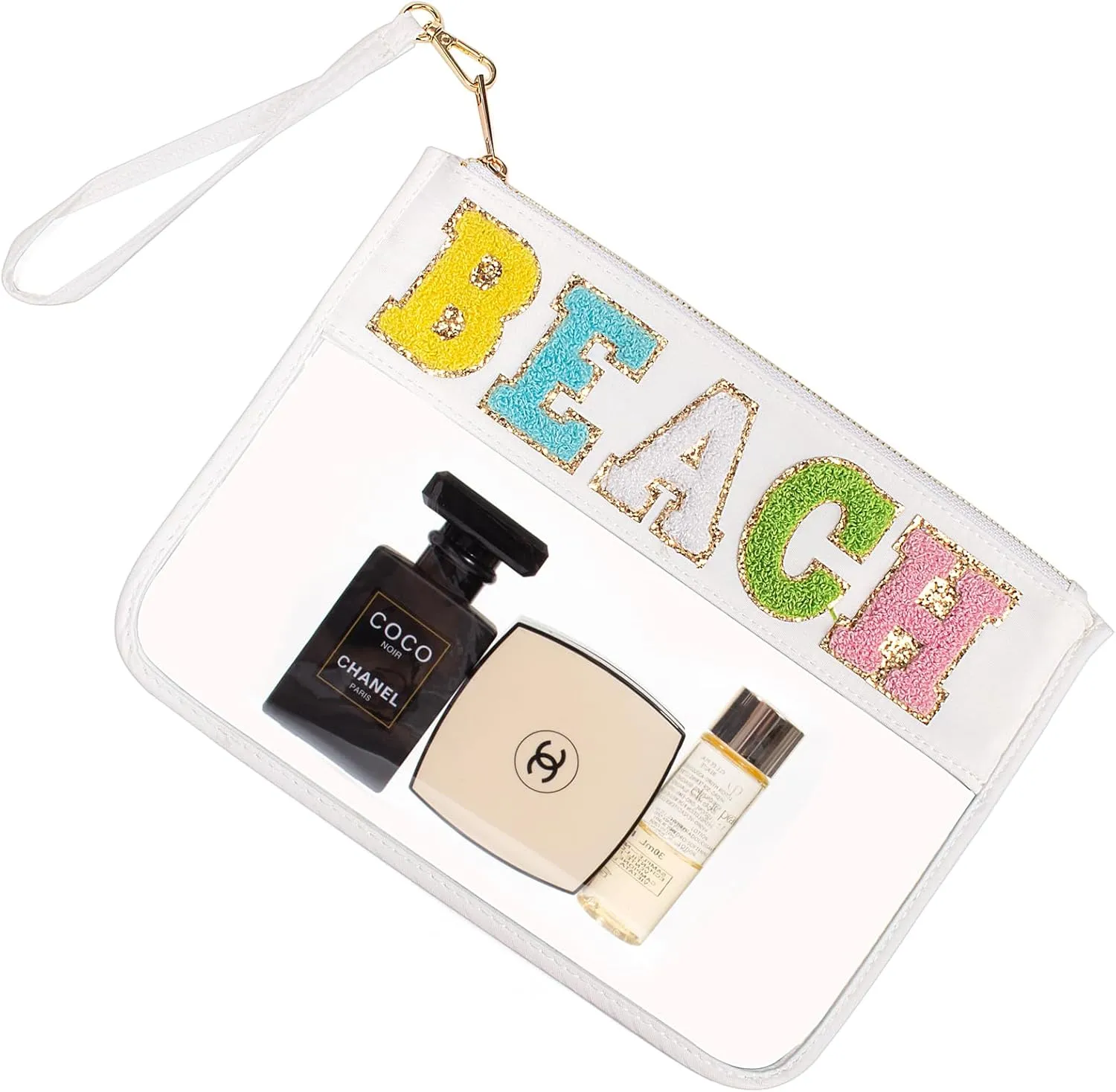 LETGO Chenille Letter Clear Zipper Pouch for Travel,Nylon Clear Cosmetic Bag,Makeup Travel Bag for Women Girls