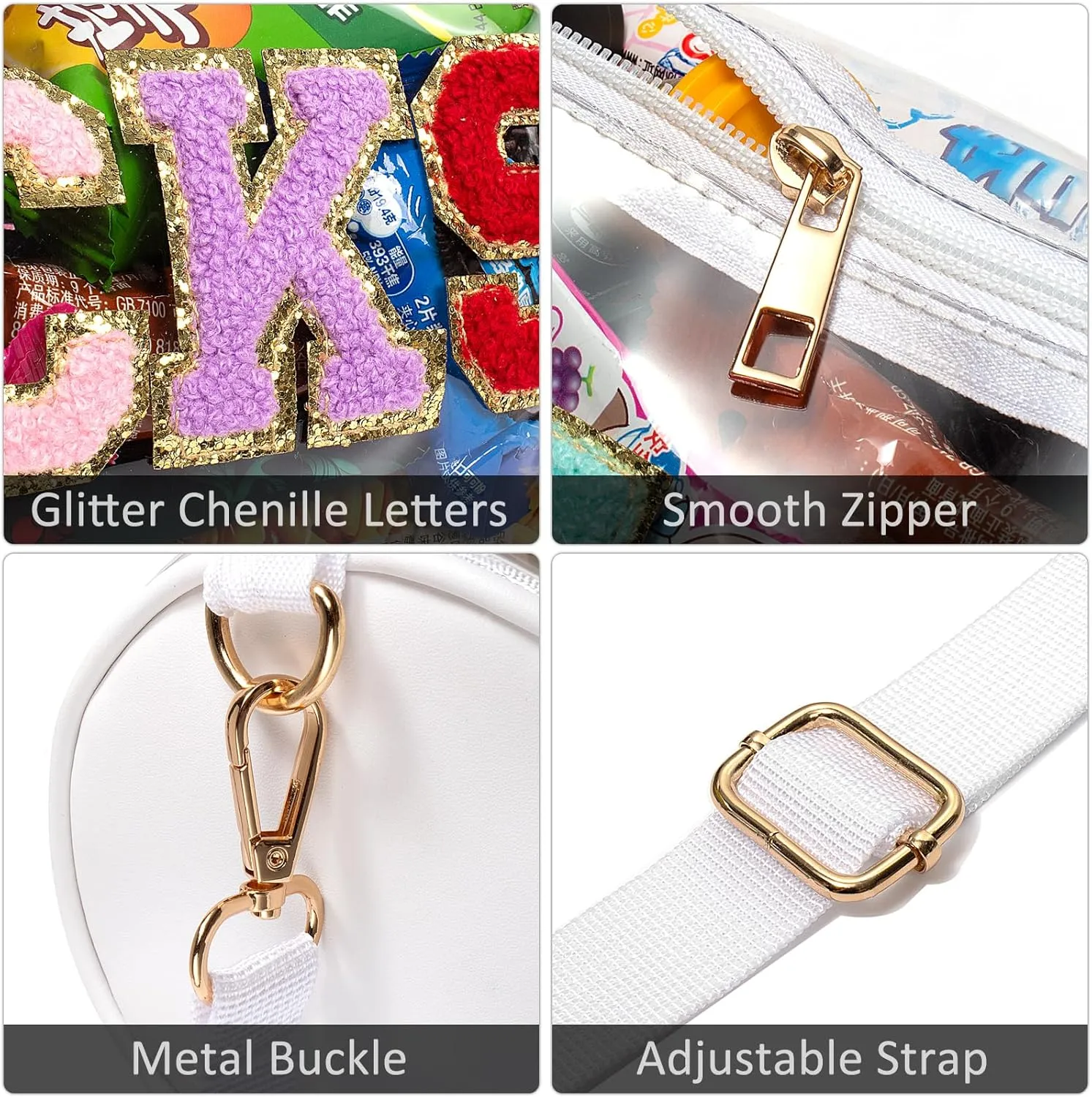LETGO Chenille Letter Clear Zipper Pouch for Travel,Nylon Clear Cosmetic Bag,Makeup Travel Bag for Women Girls