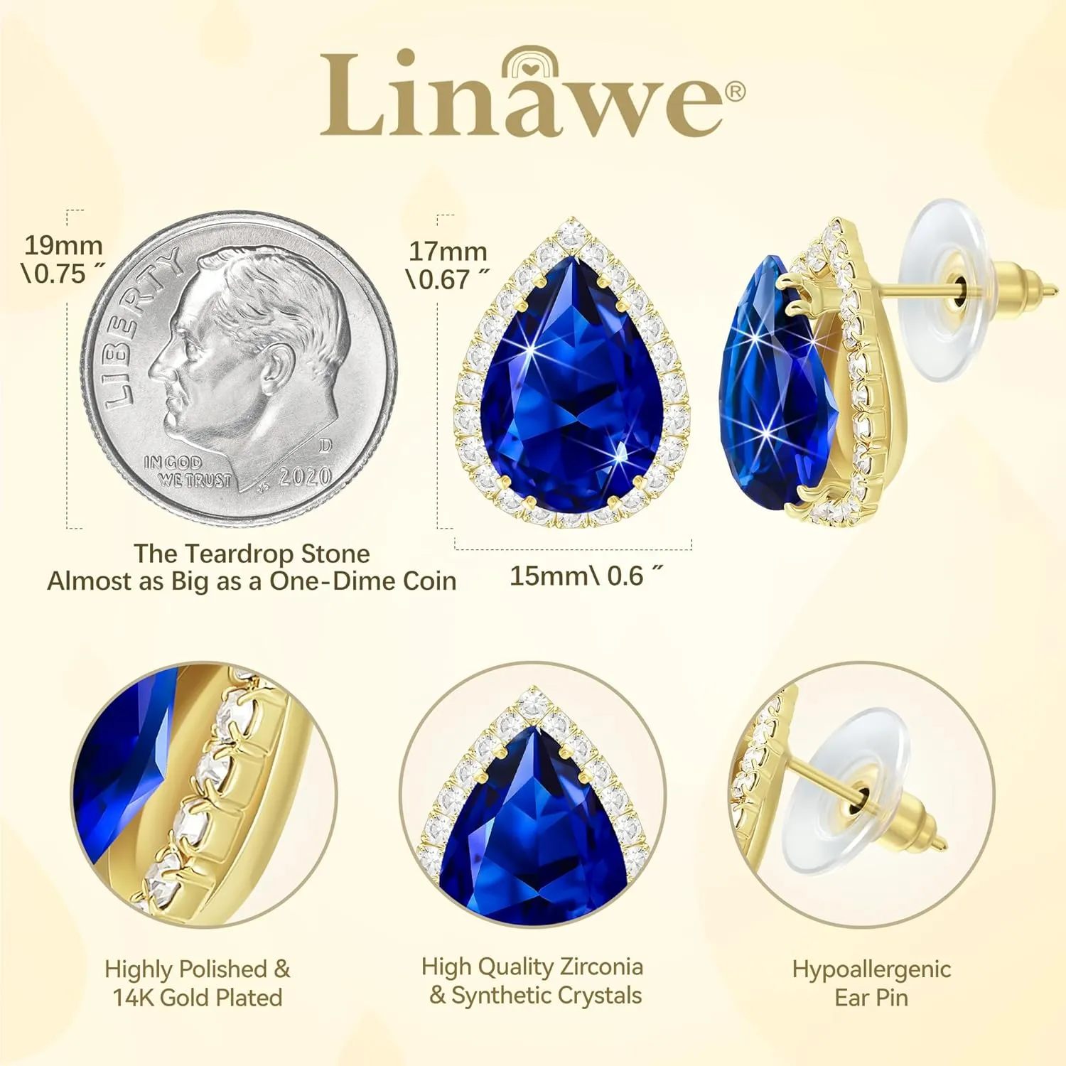 Linawe Women Stud Earrings, Teardrop Diamond Moissanite Cubic Zirconia Earrings Studs Rhinestone Jewelry Gold/Silver/Rose Gold