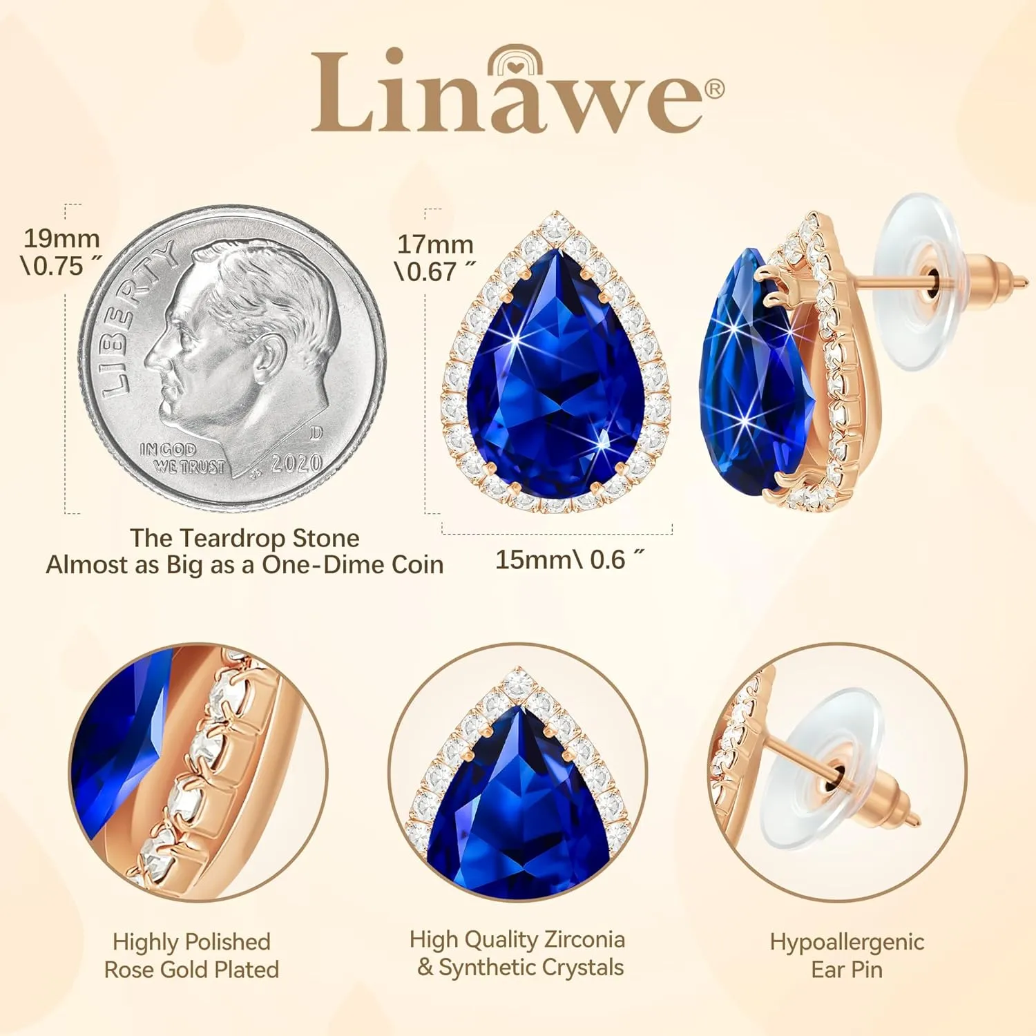 Linawe Women Stud Earrings, Teardrop Diamond Moissanite Cubic Zirconia Earrings Studs Rhinestone Jewelry Gold/Silver/Rose Gold