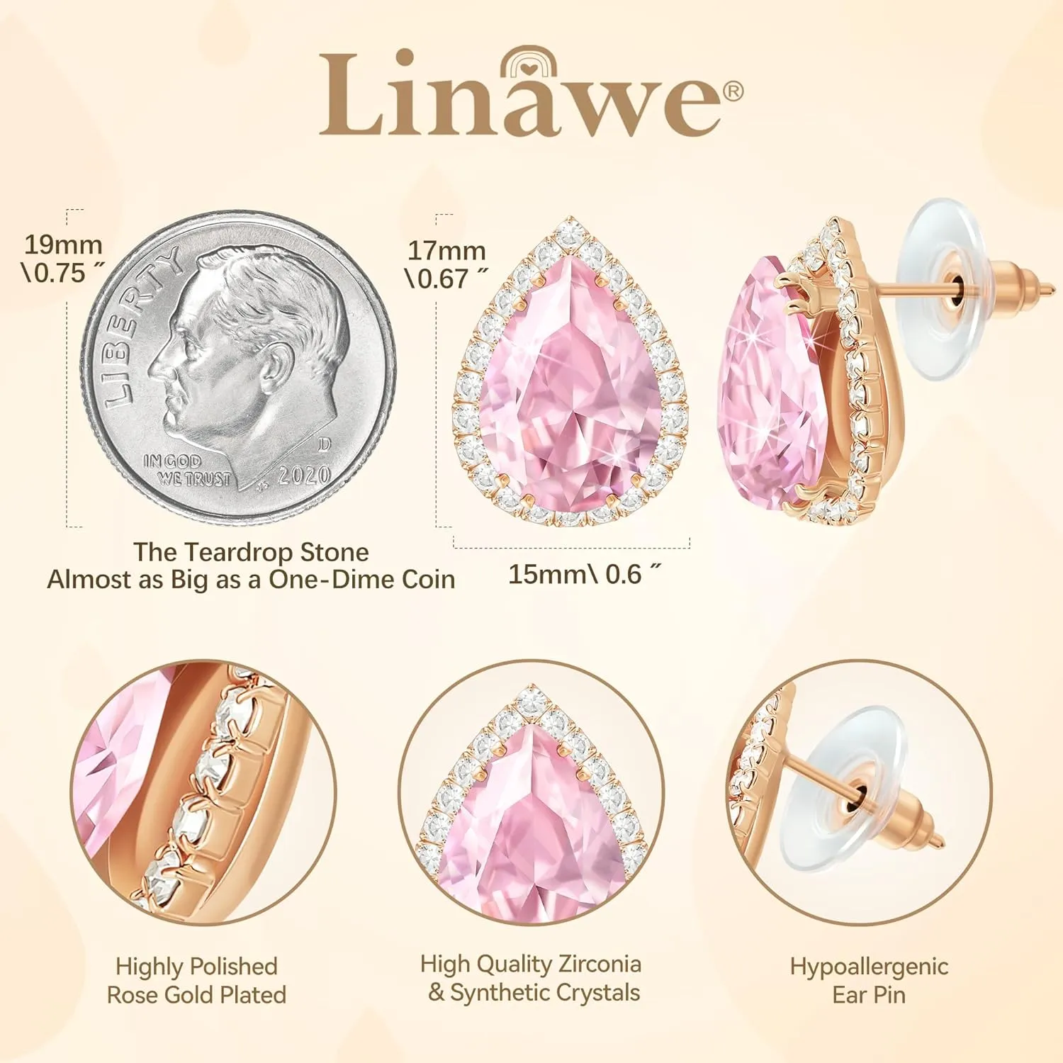 Linawe Women Stud Earrings, Teardrop Diamond Moissanite Cubic Zirconia Earrings Studs Rhinestone Jewelry Gold/Silver/Rose Gold
