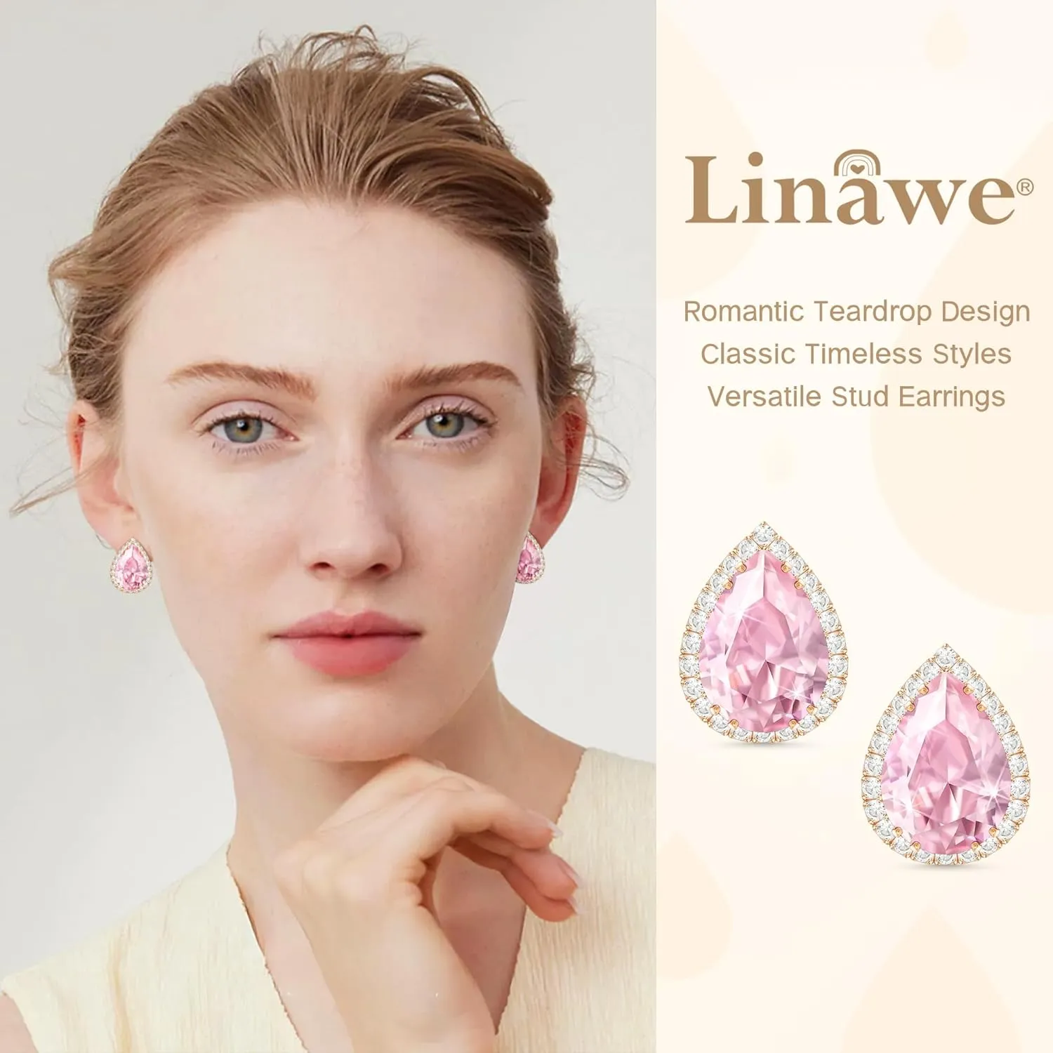 Linawe Women Stud Earrings, Teardrop Diamond Moissanite Cubic Zirconia Earrings Studs Rhinestone Jewelry Gold/Silver/Rose Gold