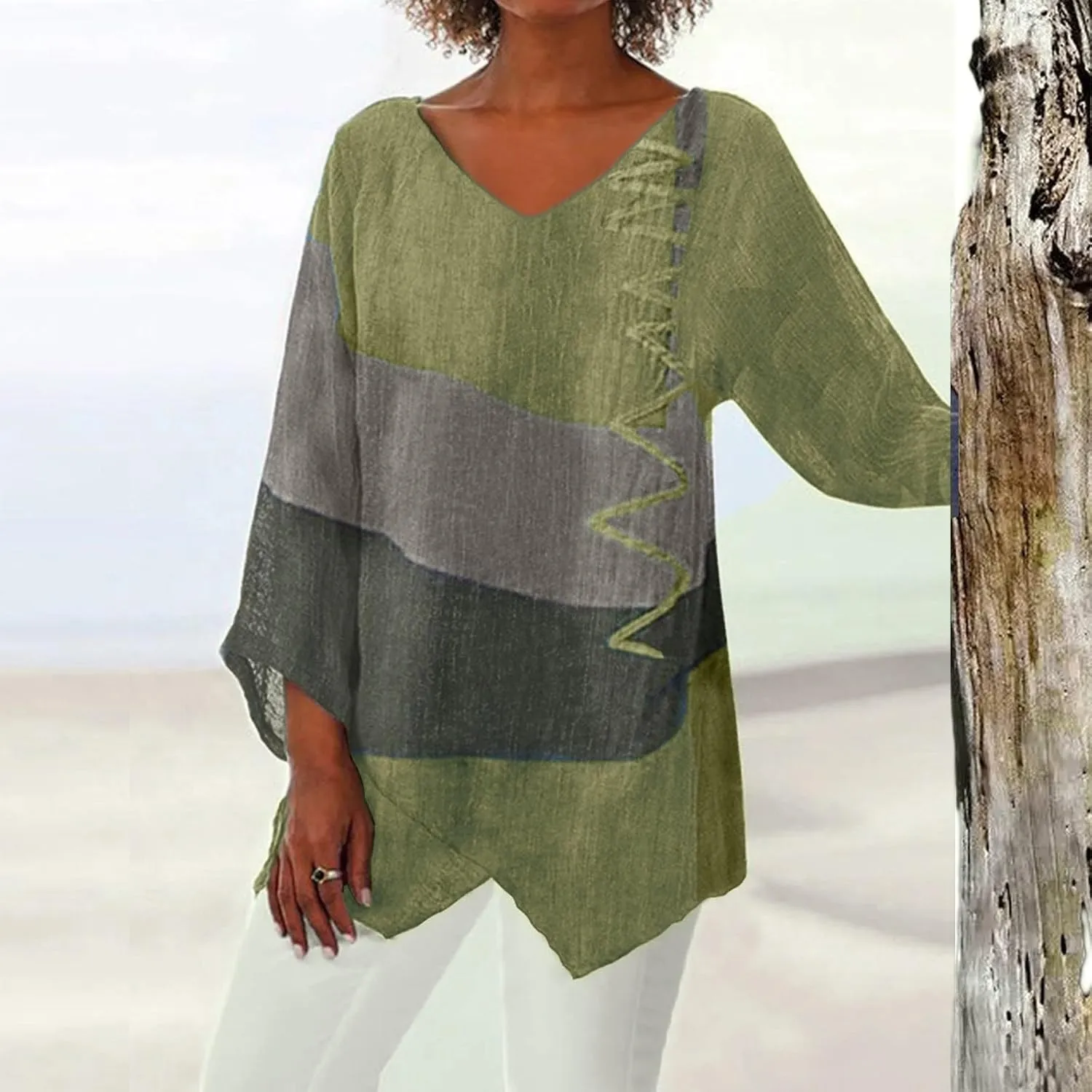 Linen Shirts for Women Loose Fit 3/4 Length Sleeve Summer Tunic Tops 2025 Side Split Dressy Tees Plus Size Blouse