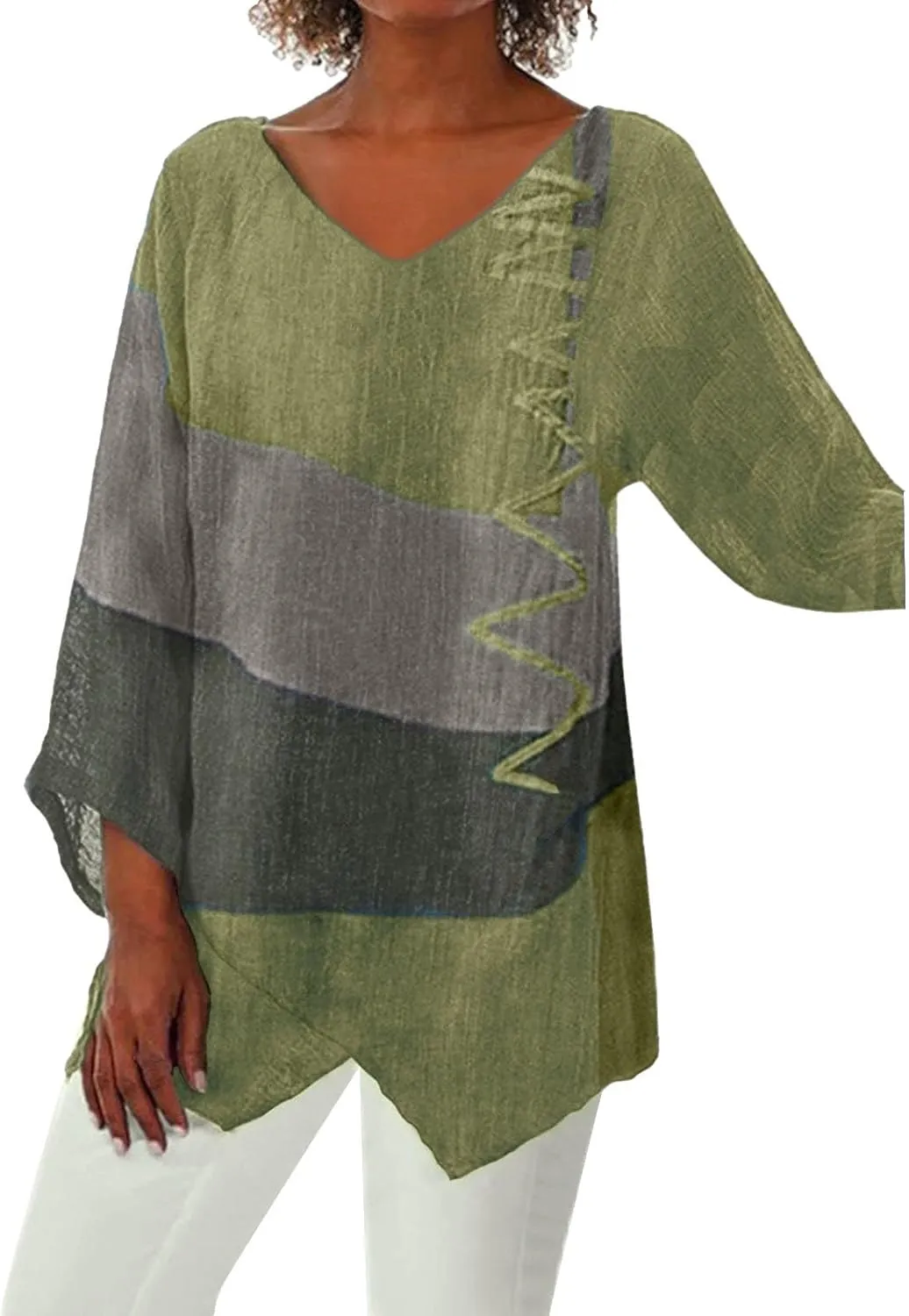 Linen Shirts for Women Loose Fit 3/4 Length Sleeve Summer Tunic Tops 2025 Side Split Dressy Tees Plus Size Blouse