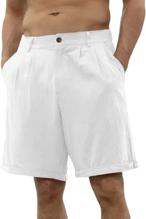 Linen Shorts for Men Belt Loops Drawstring Shorts with Pockets 10'' Summer Beach Pocketed Bermuda Shorts