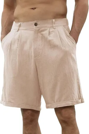Linen Shorts for Men Belt Loops Drawstring Shorts with Pockets 10'' Summer Beach Pocketed Bermuda Shorts