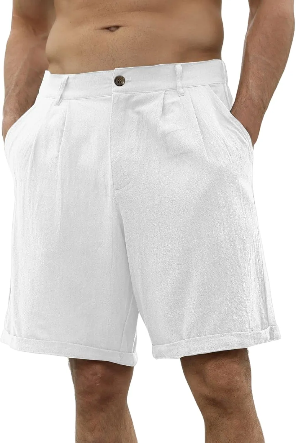 Linen Shorts for Men Belt Loops Drawstring Shorts with Pockets 10'' Summer Beach Pocketed Bermuda Shorts