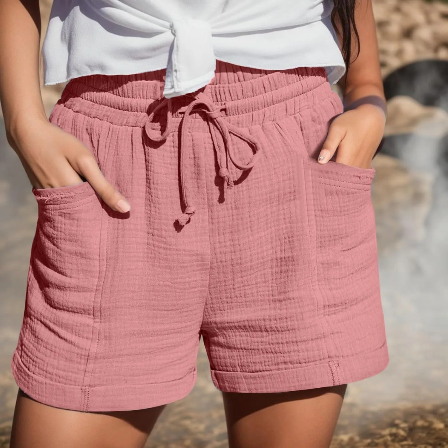 Linen Shorts for Women Elastic Waist Drawstring Shorts Summer Casual Lightweight Lounge Beach Shorts with Pockets
