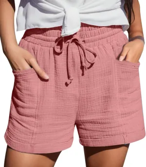 Linen Shorts for Women Elastic Waist Drawstring Shorts Summer Casual Lightweight Lounge Beach Shorts with Pockets