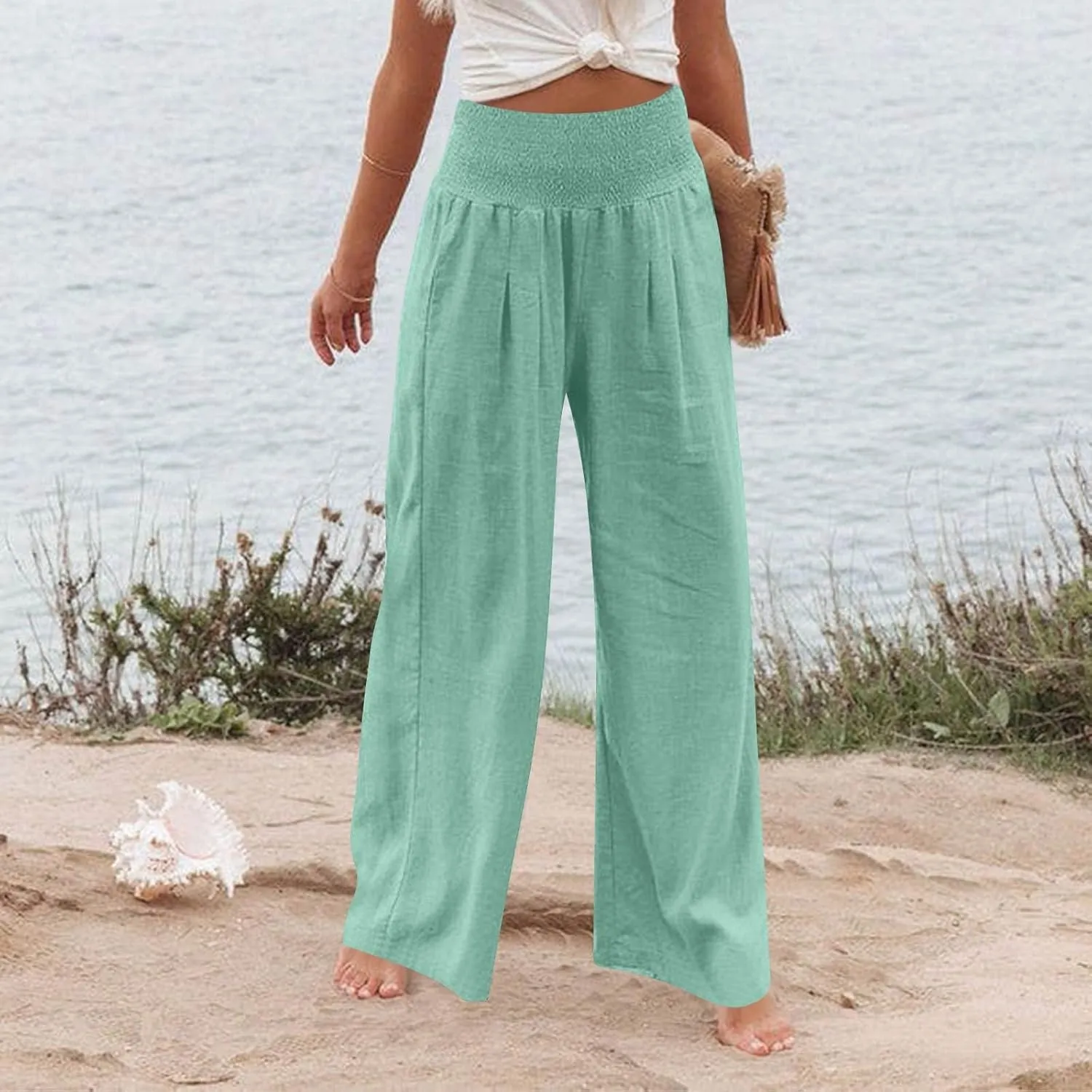 Linen Work Pants Women Palazzo Pants Summer Smocked High Waisted Wide Legged Pant Baggy Trousers with Pockets