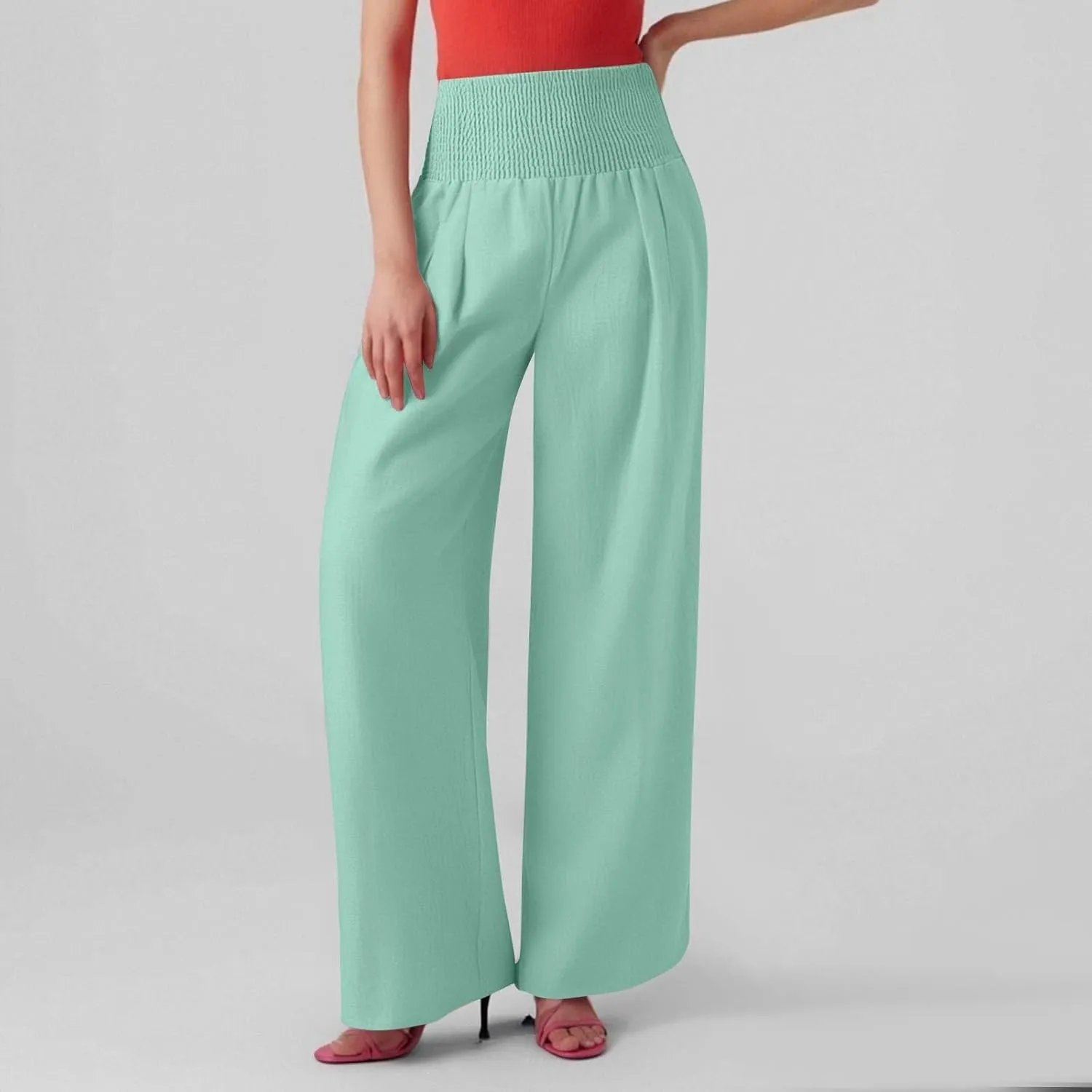 Linen Work Pants Women Palazzo Pants Summer Smocked High Waisted Wide Legged Pant Baggy Trousers with Pockets