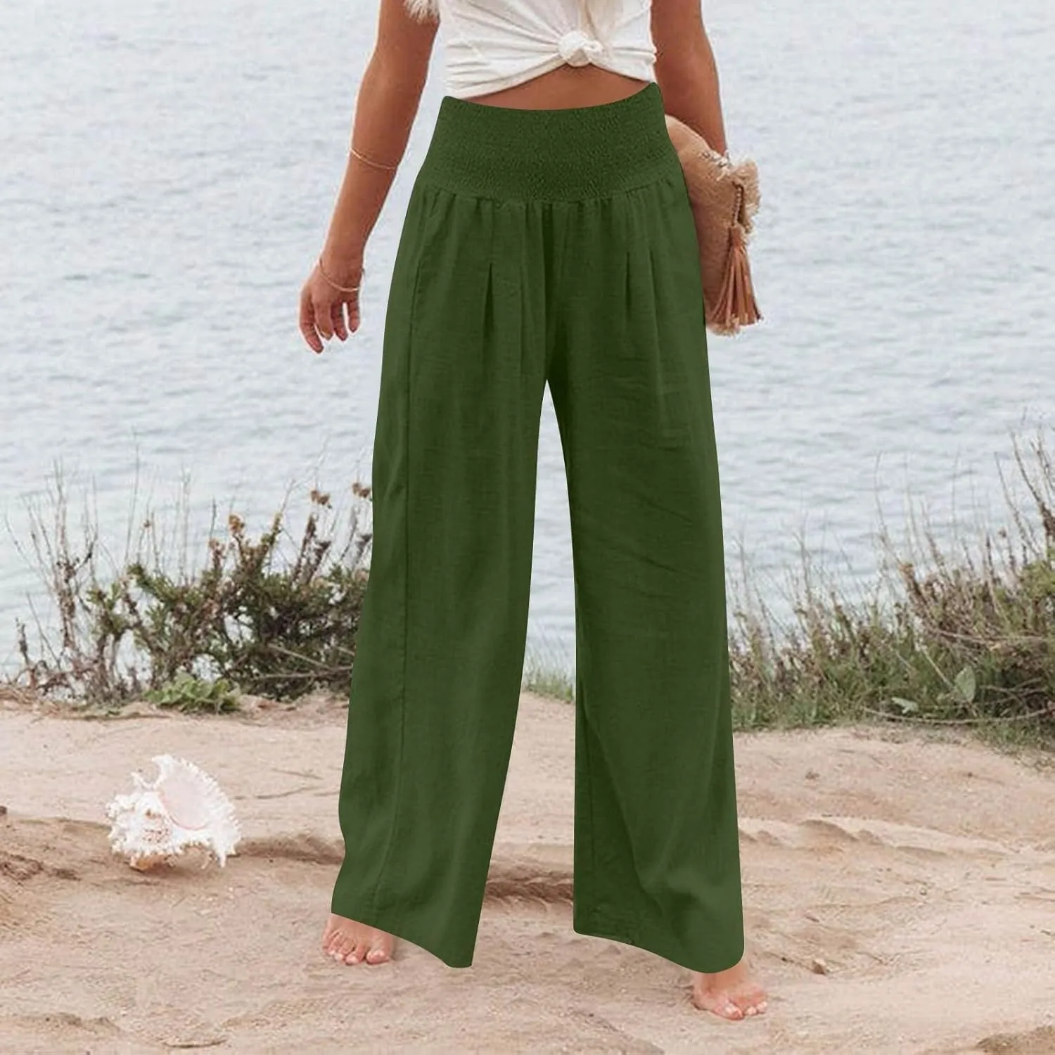 Linen Work Pants Women Palazzo Pants Summer Smocked High Waisted Wide Legged Pant Baggy Trousers with Pockets