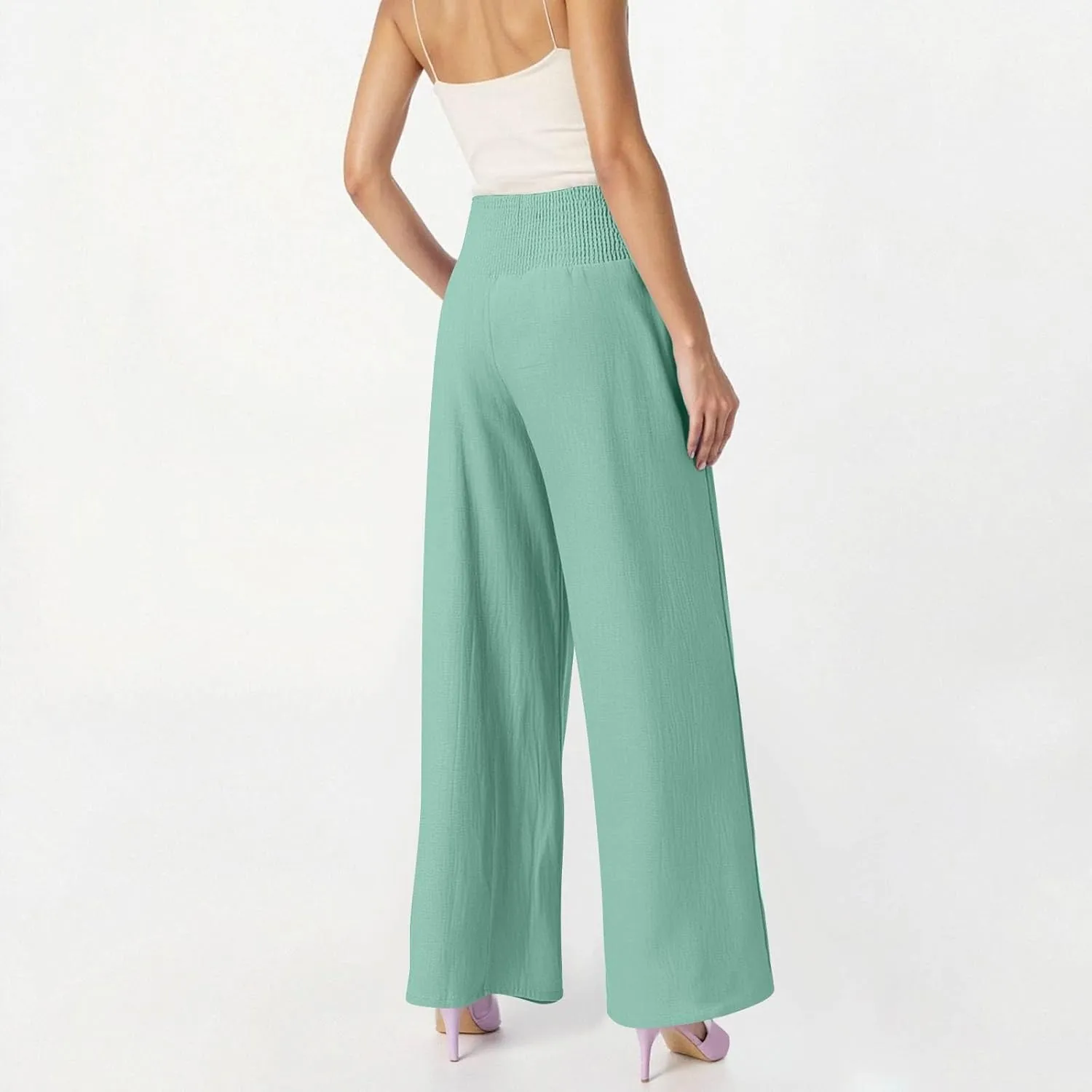 Linen Work Pants Women Palazzo Pants Summer Smocked High Waisted Wide Legged Pant Baggy Trousers with Pockets