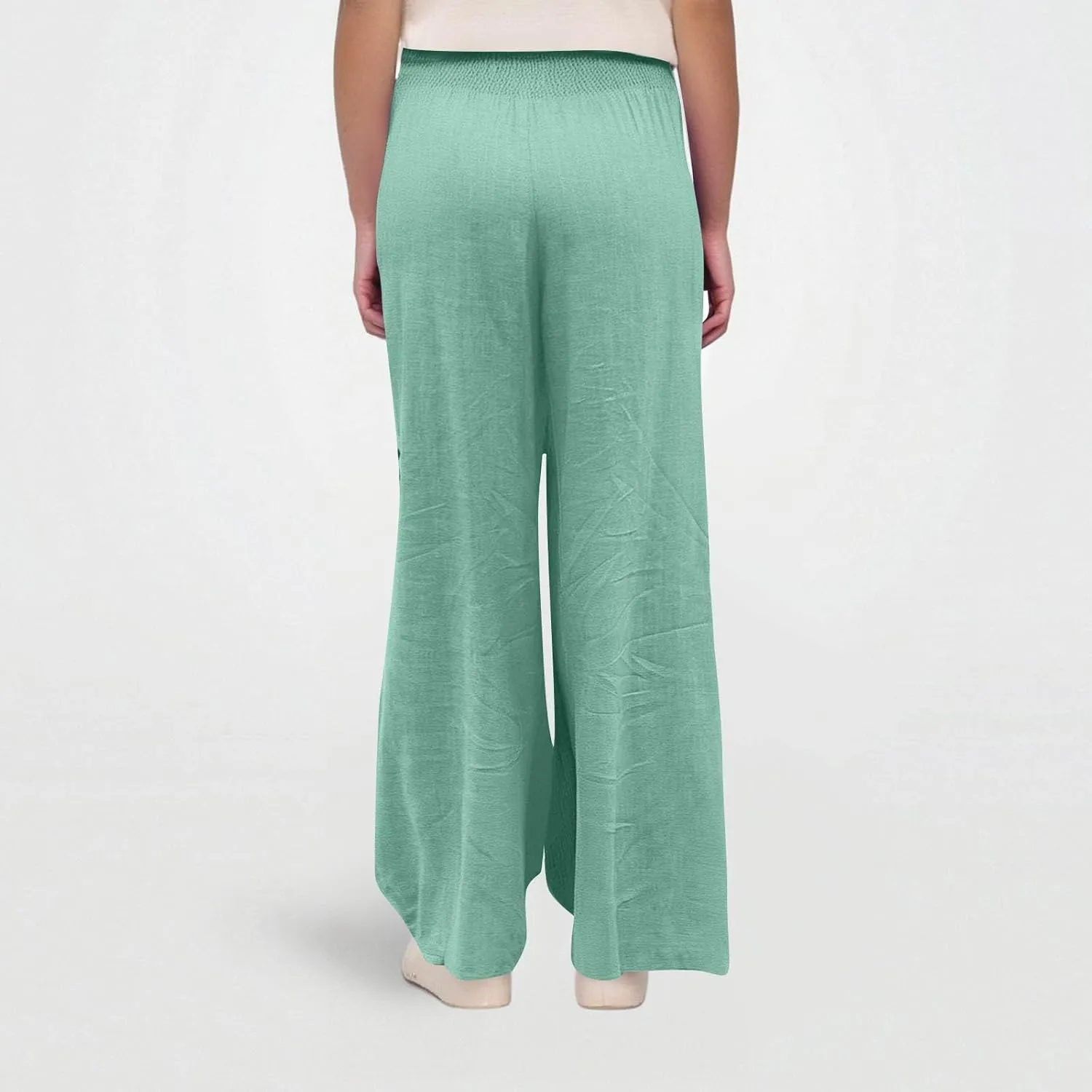 Linen Work Pants Women Palazzo Pants Summer Smocked High Waisted Wide Legged Pant Baggy Trousers with Pockets