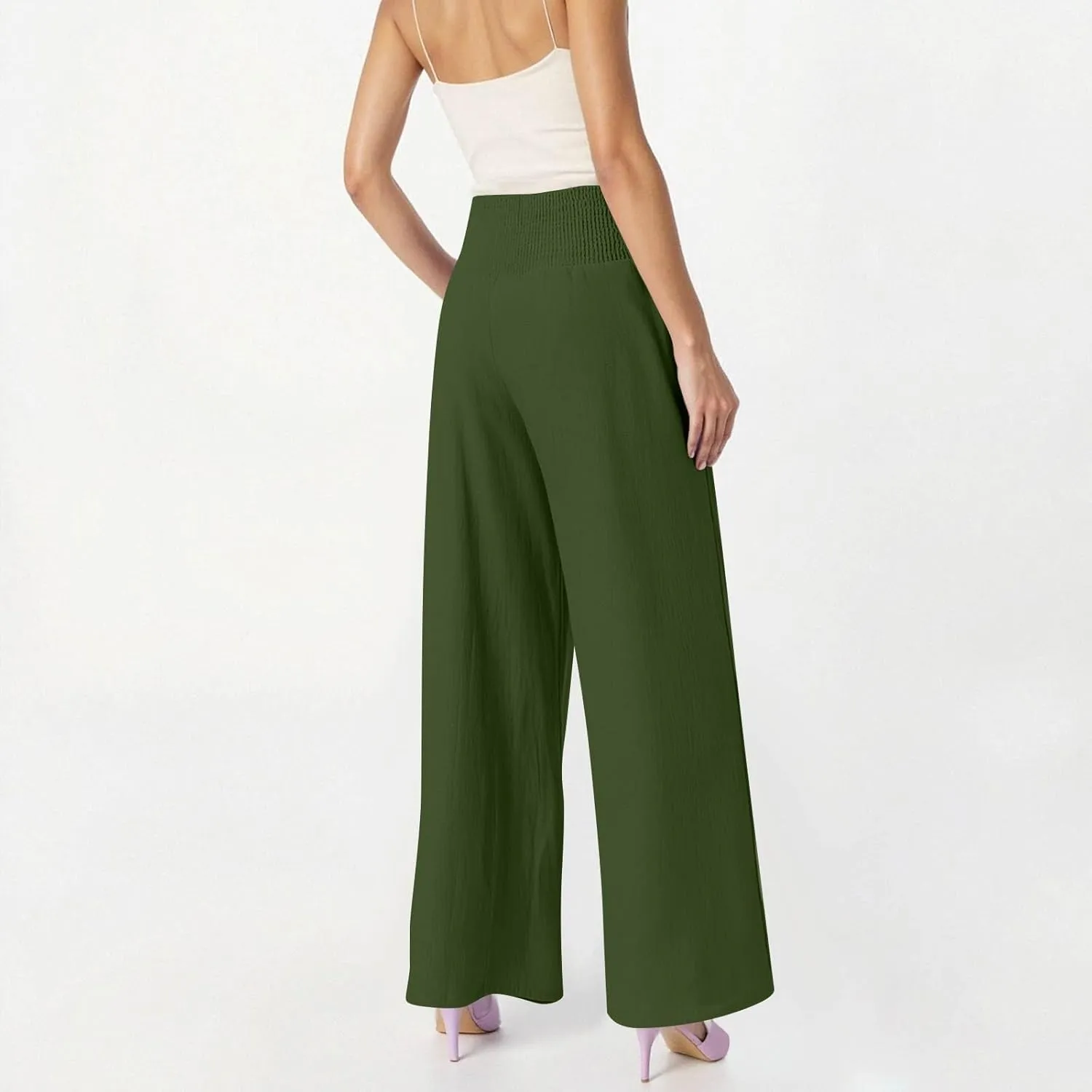 Linen Work Pants Women Palazzo Pants Summer Smocked High Waisted Wide Legged Pant Baggy Trousers with Pockets