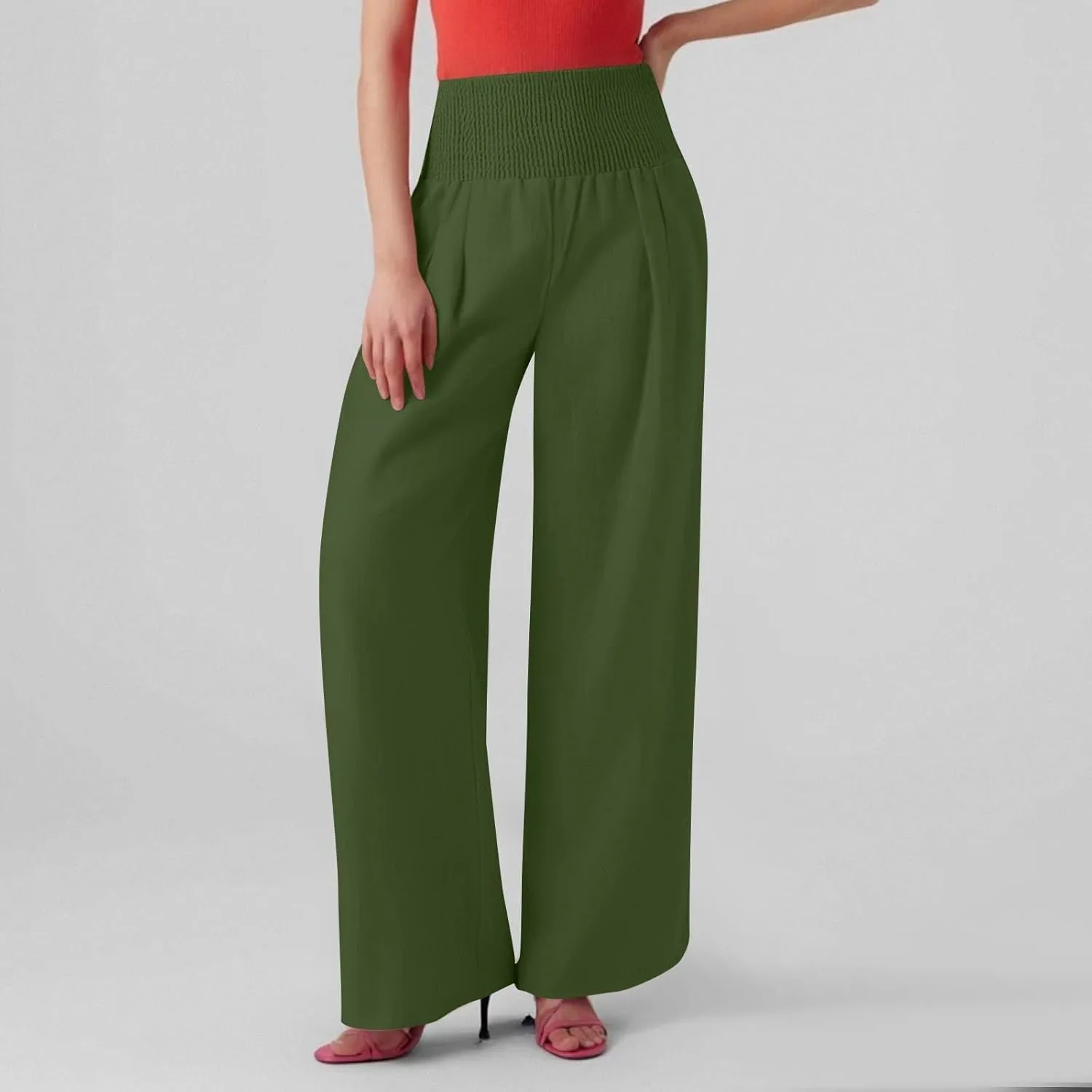 Linen Work Pants Women Palazzo Pants Summer Smocked High Waisted Wide Legged Pant Baggy Trousers with Pockets