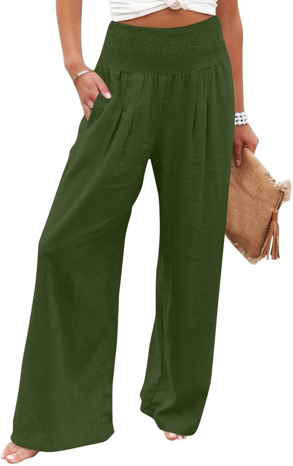 Linen Work Pants Women Palazzo Pants Summer Smocked High Waisted Wide Legged Pant Baggy Trousers with Pockets