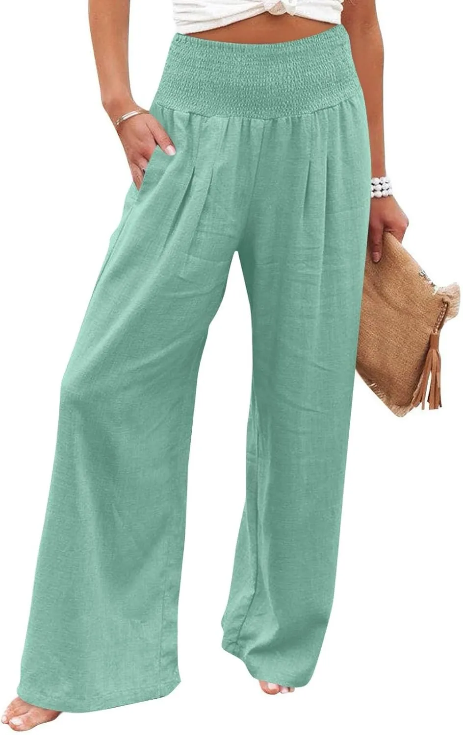 Linen Work Pants Women Palazzo Pants Summer Smocked High Waisted Wide Legged Pant Baggy Trousers with Pockets