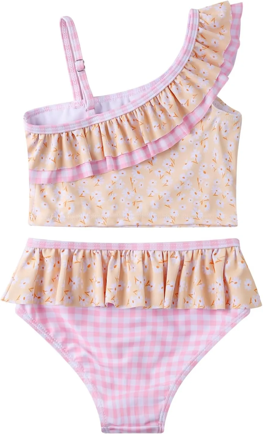 LIZENS Girls Two Piece Swimwear Flounce Ruffle Flower Print One Shoulder Beach Swimsuit