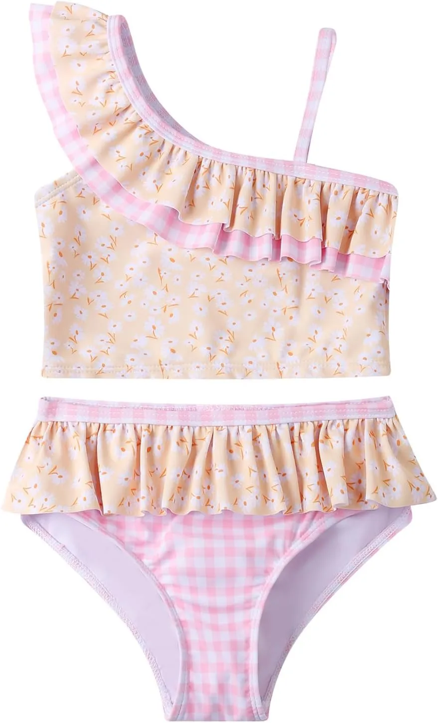 LIZENS Girls Two Piece Swimwear Flounce Ruffle Flower Print One Shoulder Beach Swimsuit