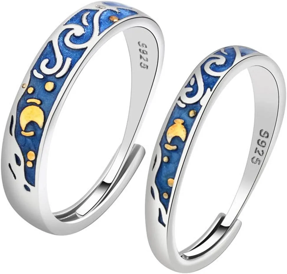 Lnnmomn 2pcs Vintage Style Van Gogh Starry Sky Couple Rings Starry Night Van Gogh Open rings for Women Vintage Silver Adjustable Gifts Jewelry