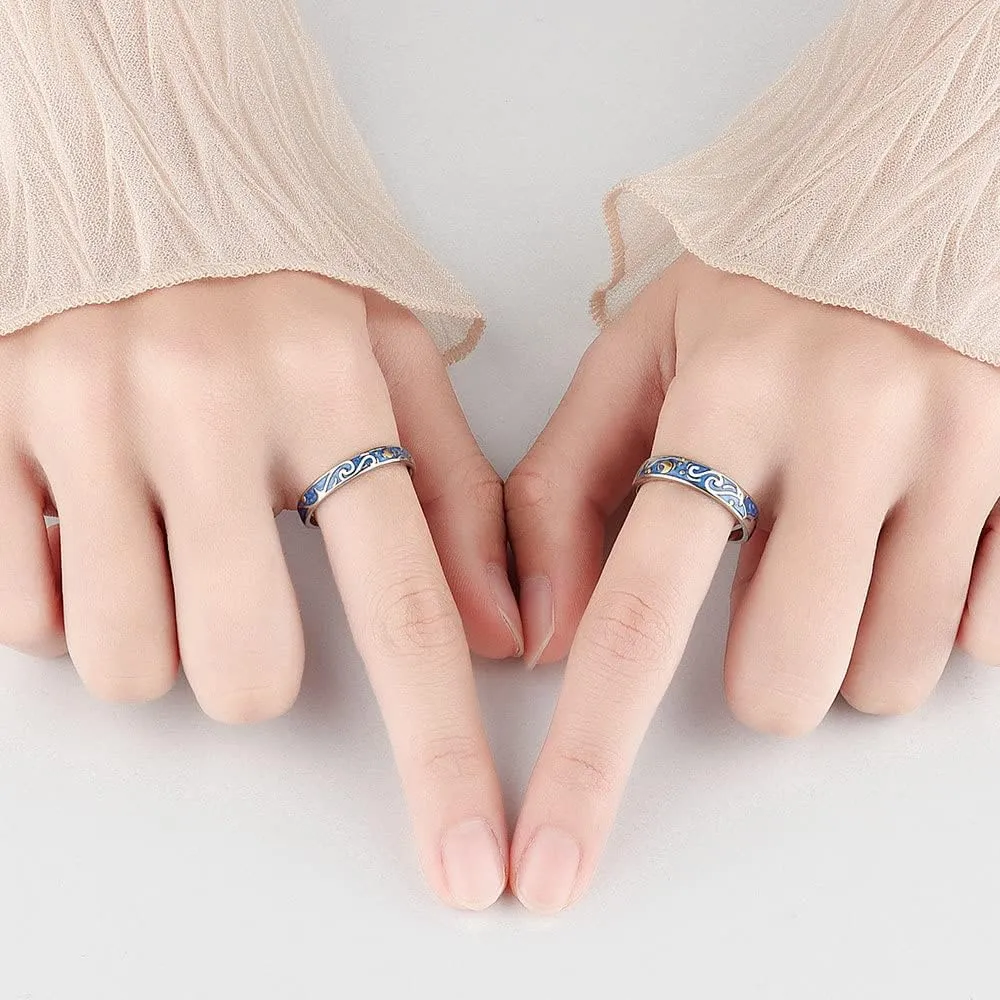 Lnnmomn 2pcs Vintage Style Van Gogh Starry Sky Couple Rings Starry Night Van Gogh Open rings for Women Vintage Silver Adjustable Gifts Jewelry