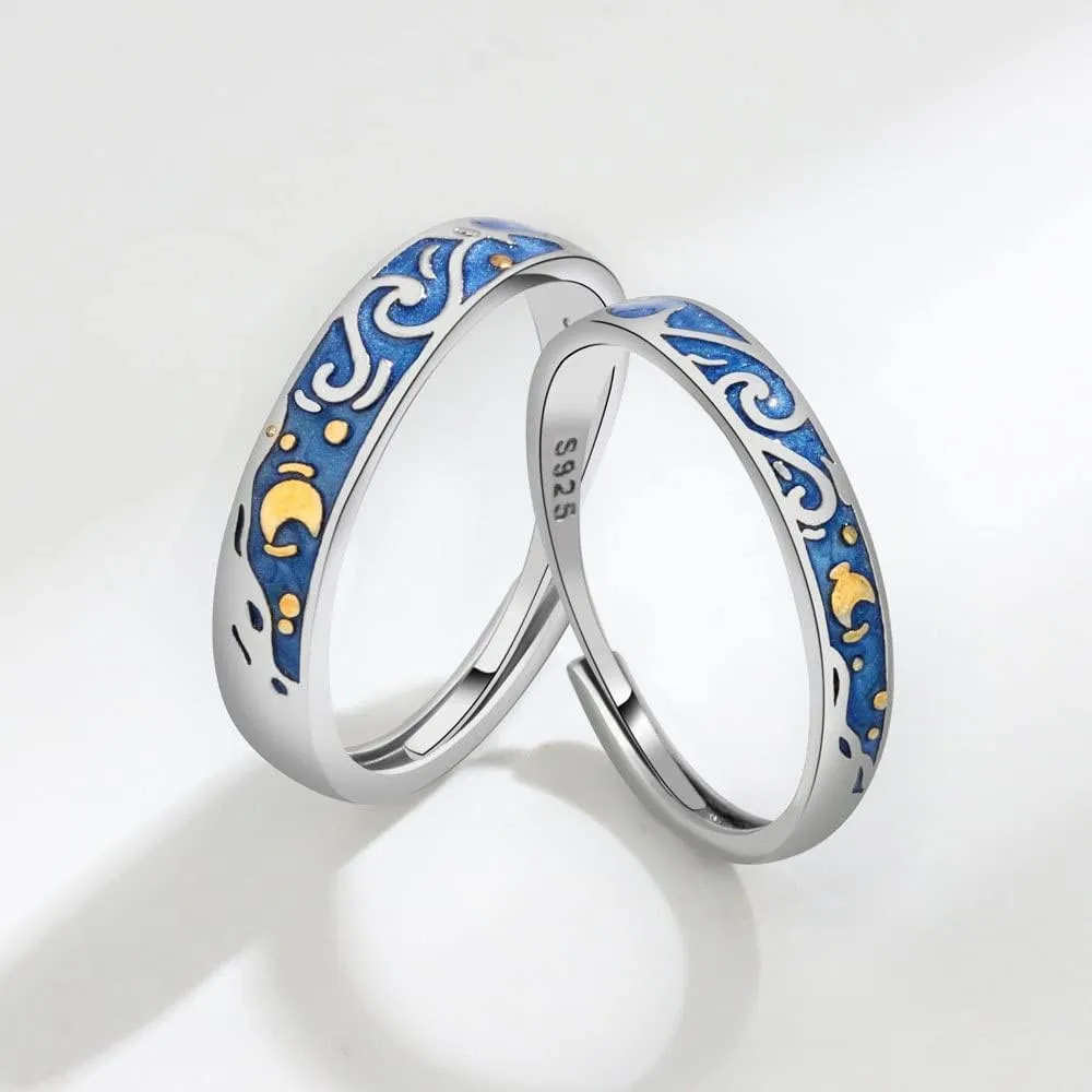 Lnnmomn 2pcs Vintage Style Van Gogh Starry Sky Couple Rings Starry Night Van Gogh Open rings for Women Vintage Silver Adjustable Gifts Jewelry