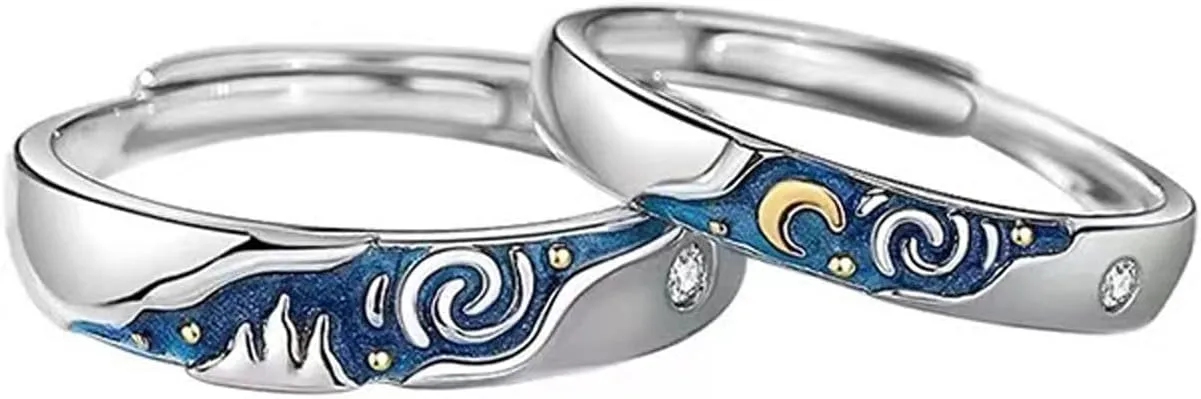 Lnnmomn 2pcs Vintage Style Van Gogh Starry Sky Couple Rings Starry Night Van Gogh Open rings for Women Vintage Silver Adjustable Gifts Jewelry