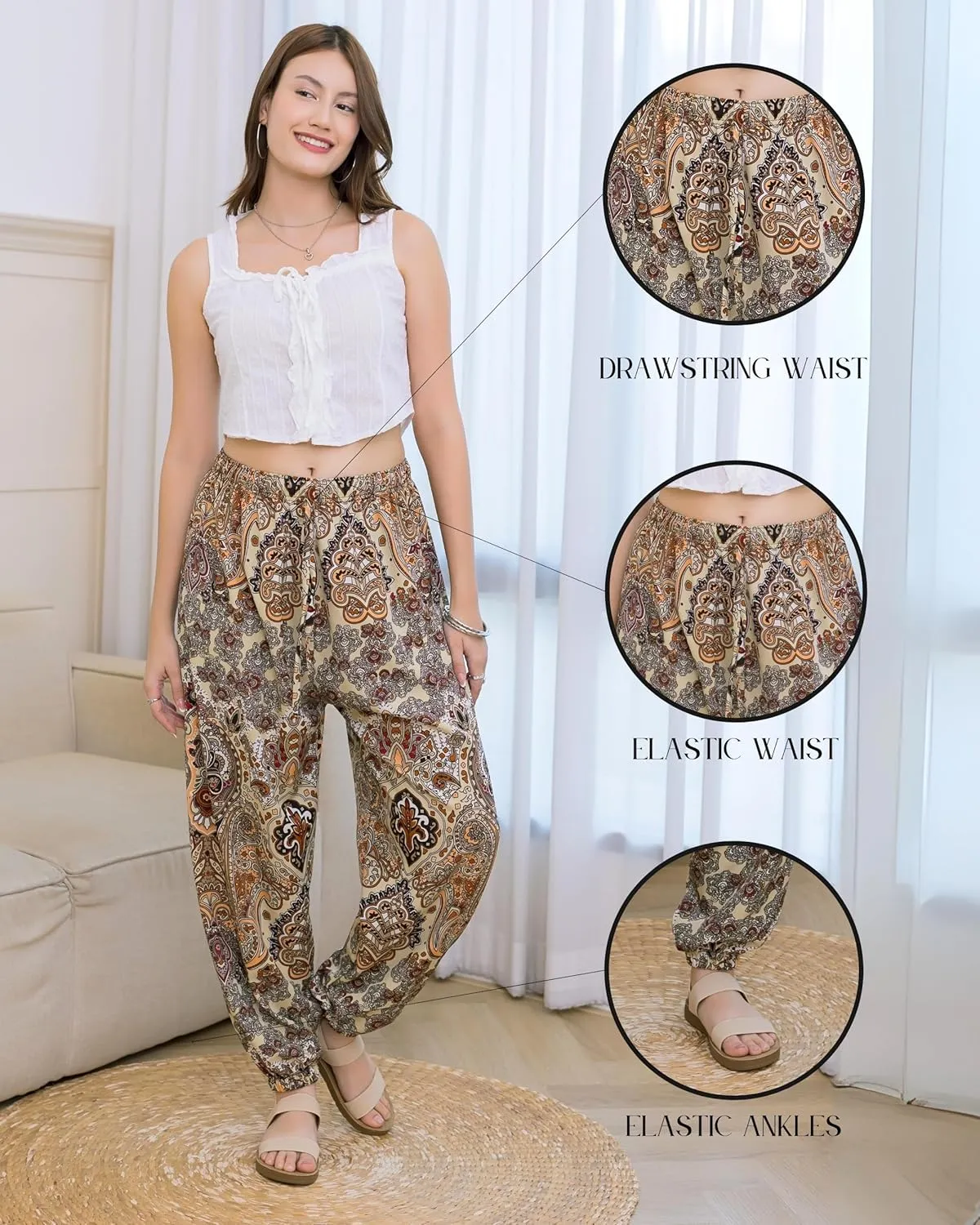 LOFBAZ Women Boho Harem Pants High Waist Yoga Joggers Clothes Flowy Loose Summer Beach Trouser Hippie Bohemian Lounge