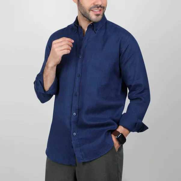 LONG SLEEVE LINEN SHIRT  - NAVY