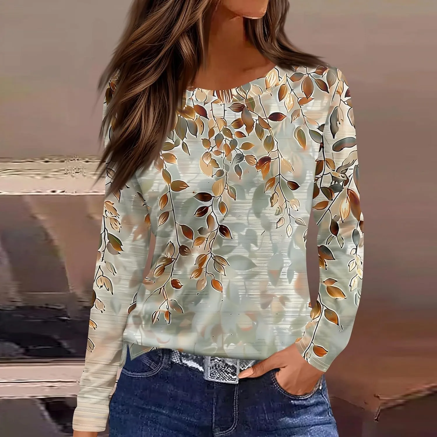 Long Sleeve Shirts for Women - Womens T Shirts Long Sleeve Crew Neck Shirts Basic Tee Sort Comfy Floral Printed Tops