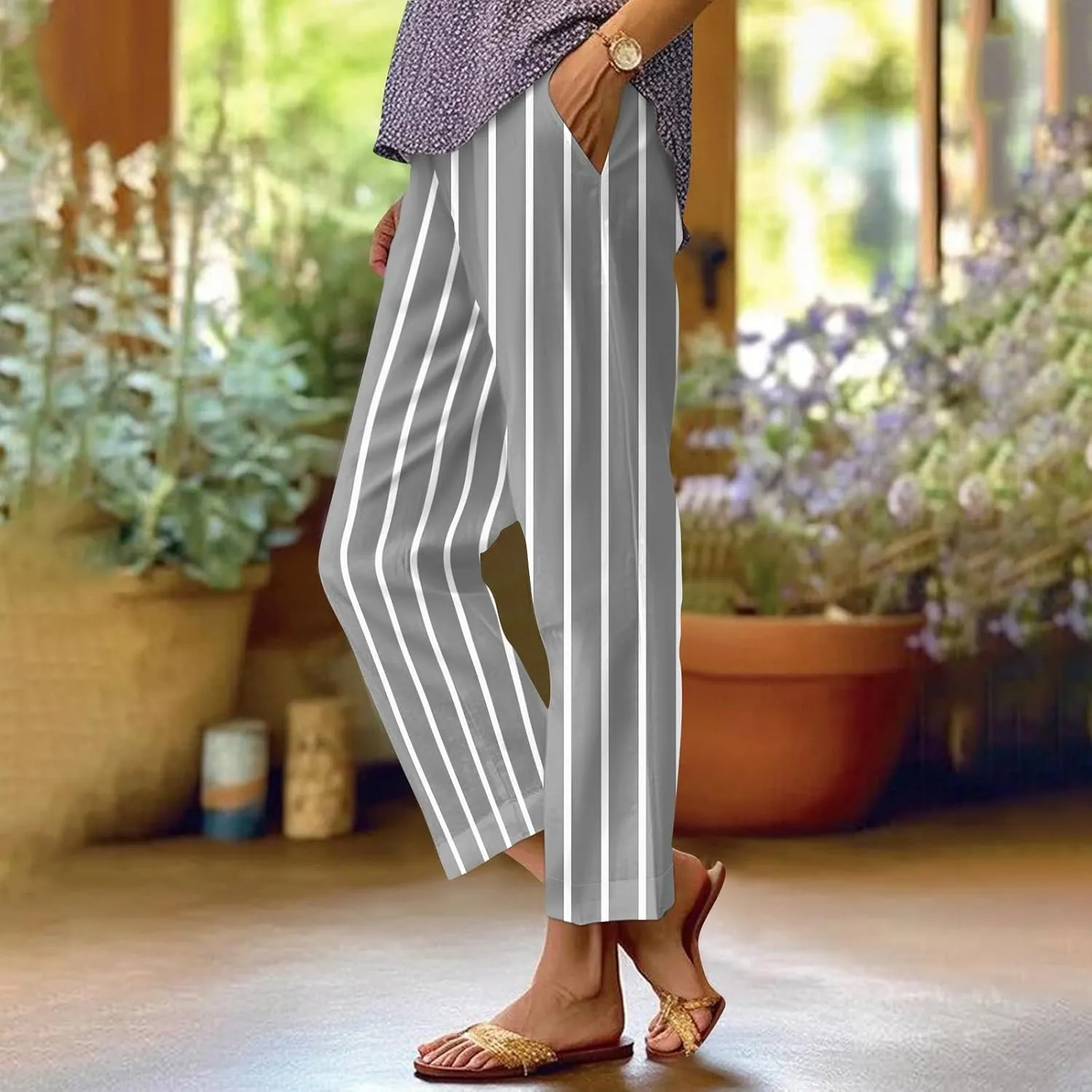 Lounge Pants Women Petite Linen Elastic Waisted Drawstring Pants with Pockets Solid Casual Summer Cropped Pants
