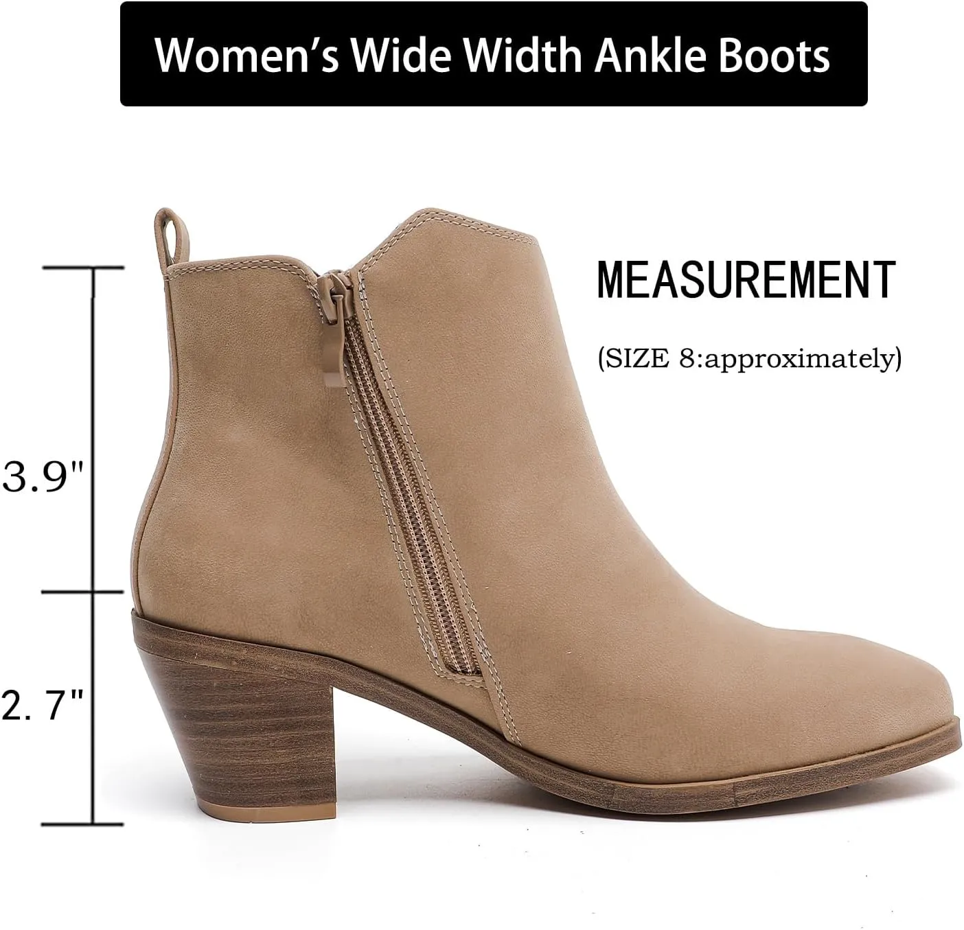 Luoika Women's Wide Width Ankle Boots - Black Brown Short Boots Block Low Heel Side Zipper Booties.