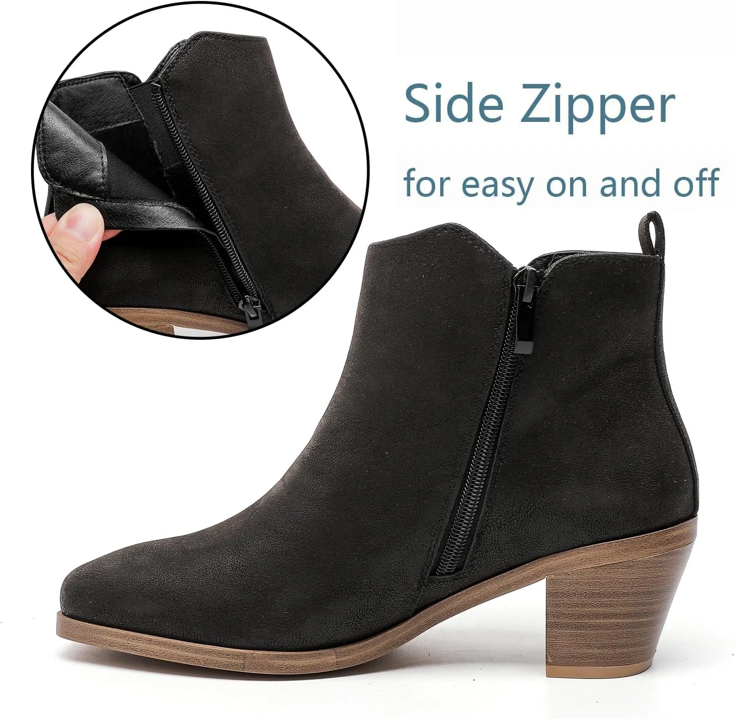 Luoika Women's Wide Width Ankle Boots - Black Brown Short Boots Block Low Heel Side Zipper Booties.