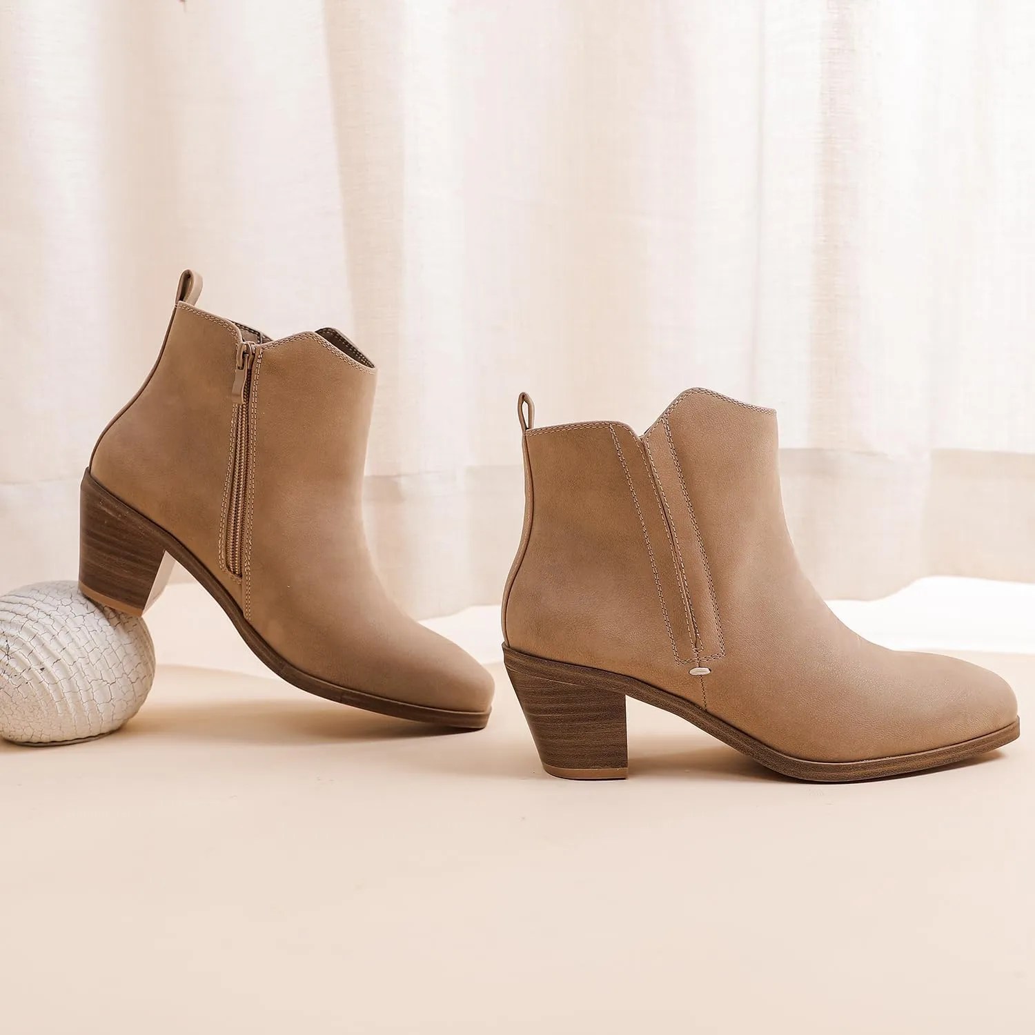 Luoika Women's Wide Width Ankle Boots - Black Brown Short Boots Block Low Heel Side Zipper Booties.