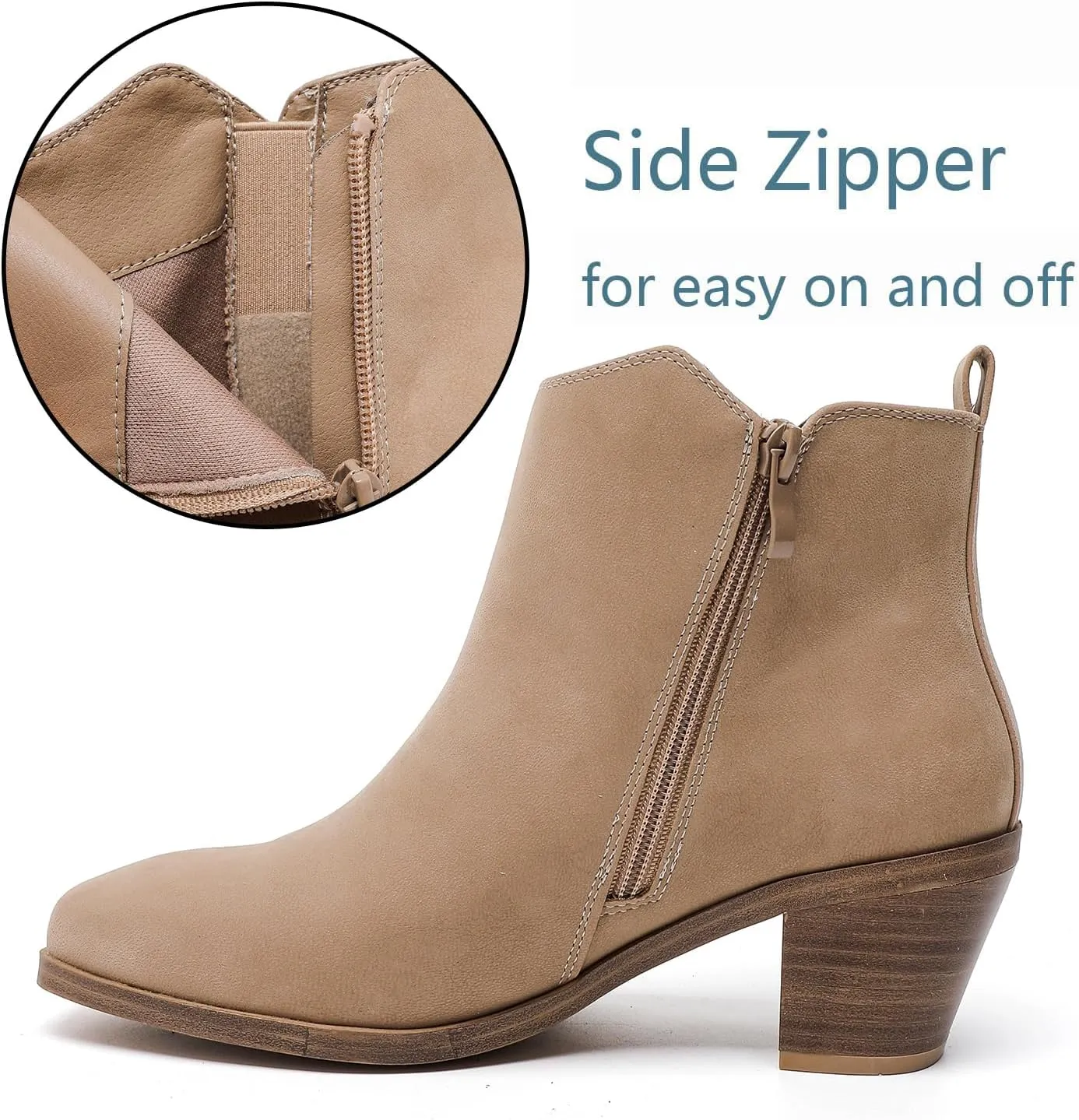 Luoika Women's Wide Width Ankle Boots - Black Brown Short Boots Block Low Heel Side Zipper Booties.