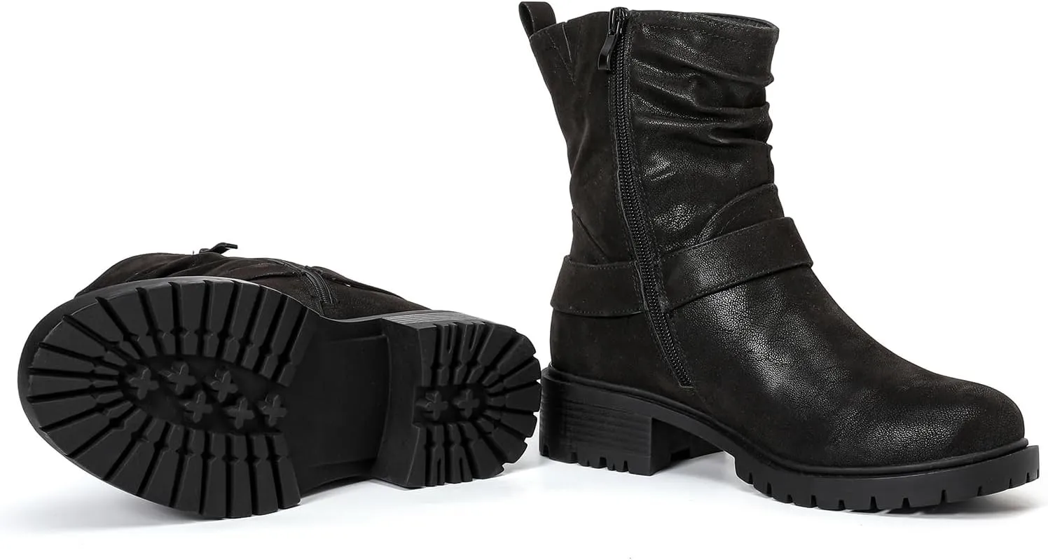 Luoika Women's Wide Width Ankle Boots - Low Heel Side Zipper Slouchy Mid Calf Boots Short Booties.