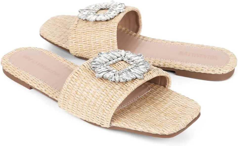 Mattiventon Flat Straw Slides For Women Dressy Sandals Woven Nude Sandals Raffia Open Toe Summer Beach Sandals